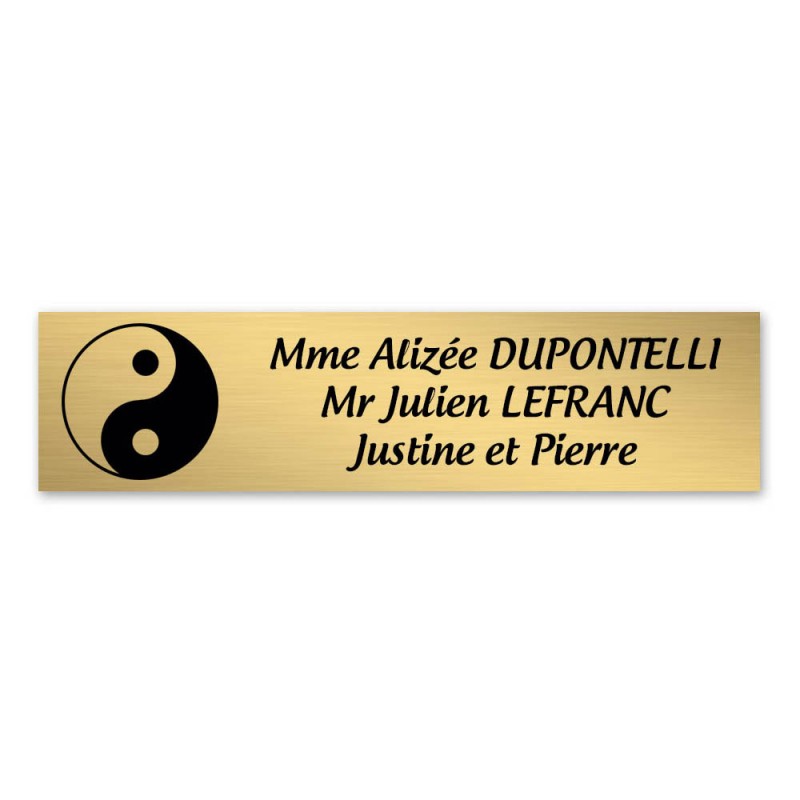 Plaque nom 3 lignes et symbole YIN YANG pour boite aux lettres type Decayeux (100x25mm) couleur or brossé Plaque nom 3 lignes et symbole YIN YANG pour boite aux lettres type Decayeux (100x25mm) couleur or brossé
