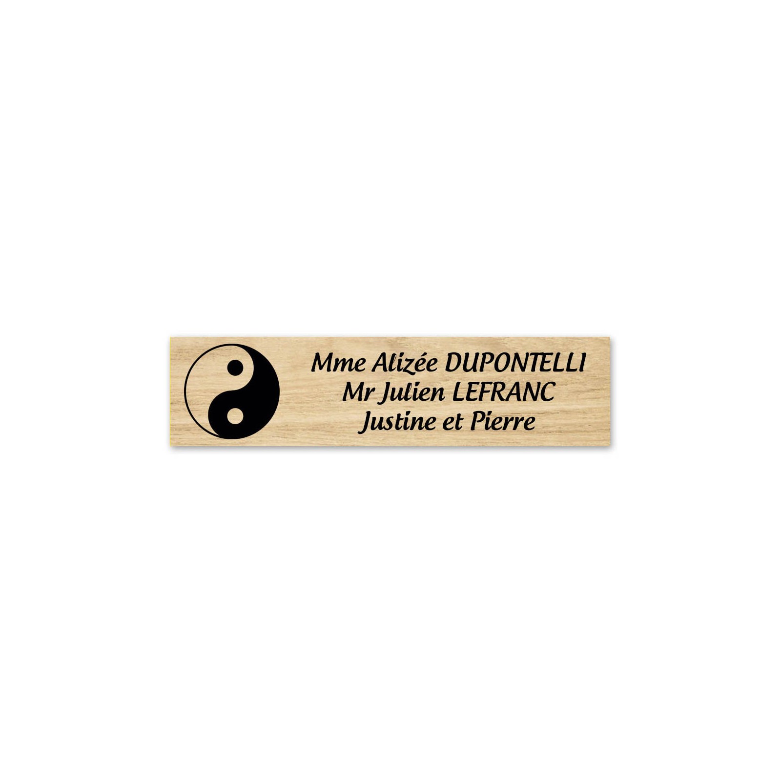 Plaque nom 3 lignes et symbole YIN YANG pour boite aux lettres type Decayeux (100x25mm) effet bois clair