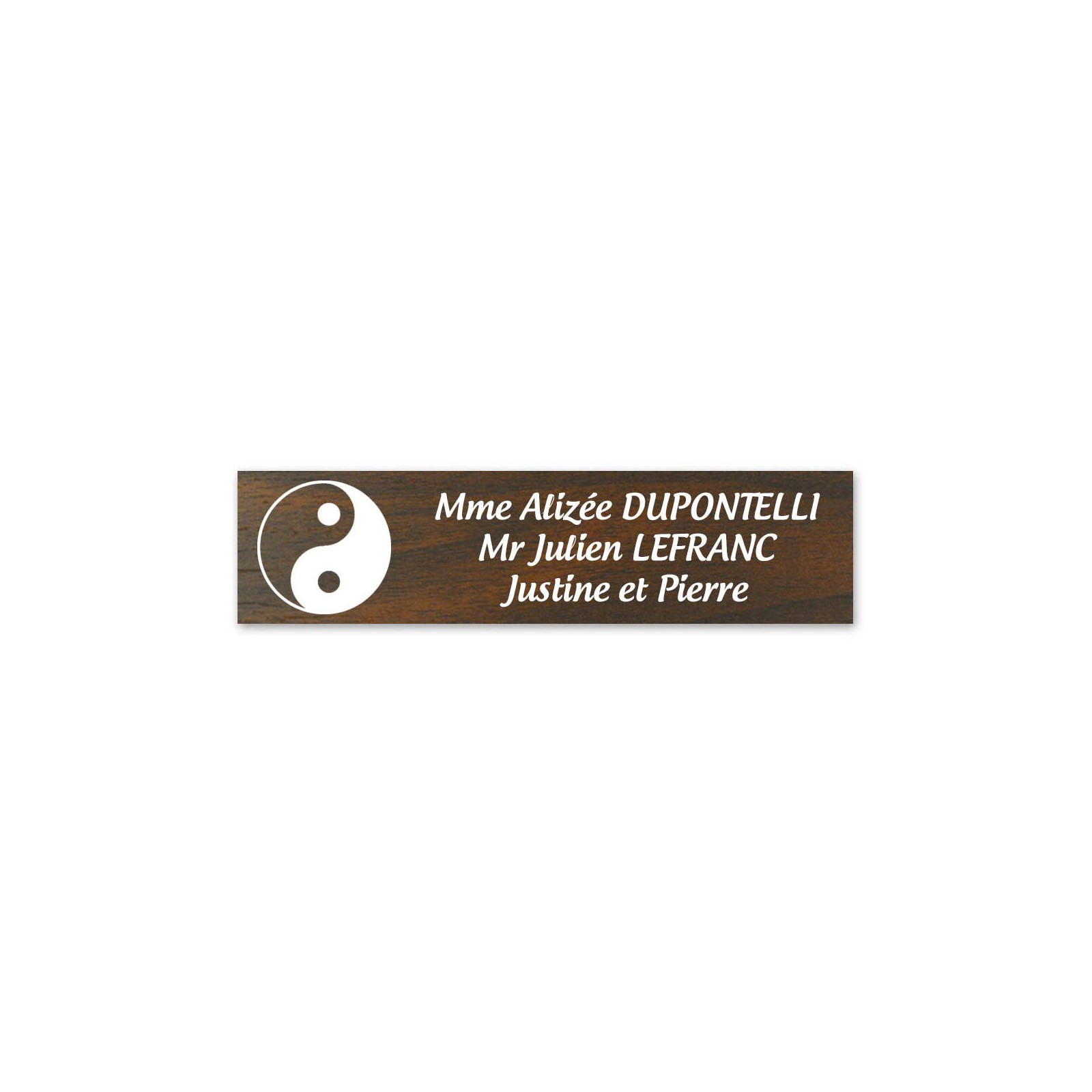 Plaque nom 3 lignes et symbole YIN YANG pour boite aux lettres type Decayeux (100x25mm) effet bois foncé