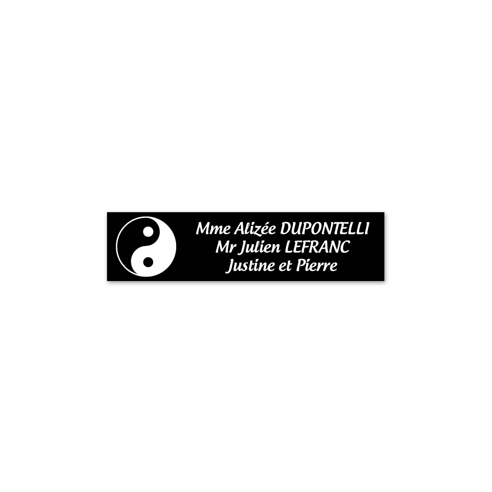 Plaque nom 3 lignes et symbole YIN YANG pour boite aux lettres type Decayeux (100x25mm) couleur noire lettres blanches