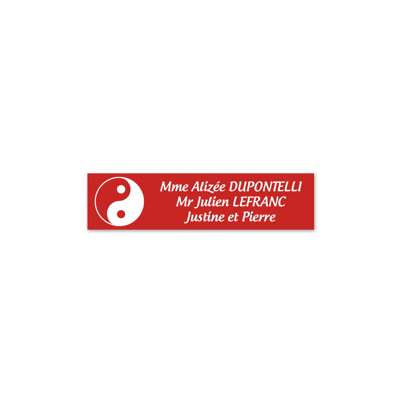 Plaque nom 3 lignes et symbole YIN YANG pour boite aux lettres type Decayeux (100x25mm) couleur rouge lettres blanches