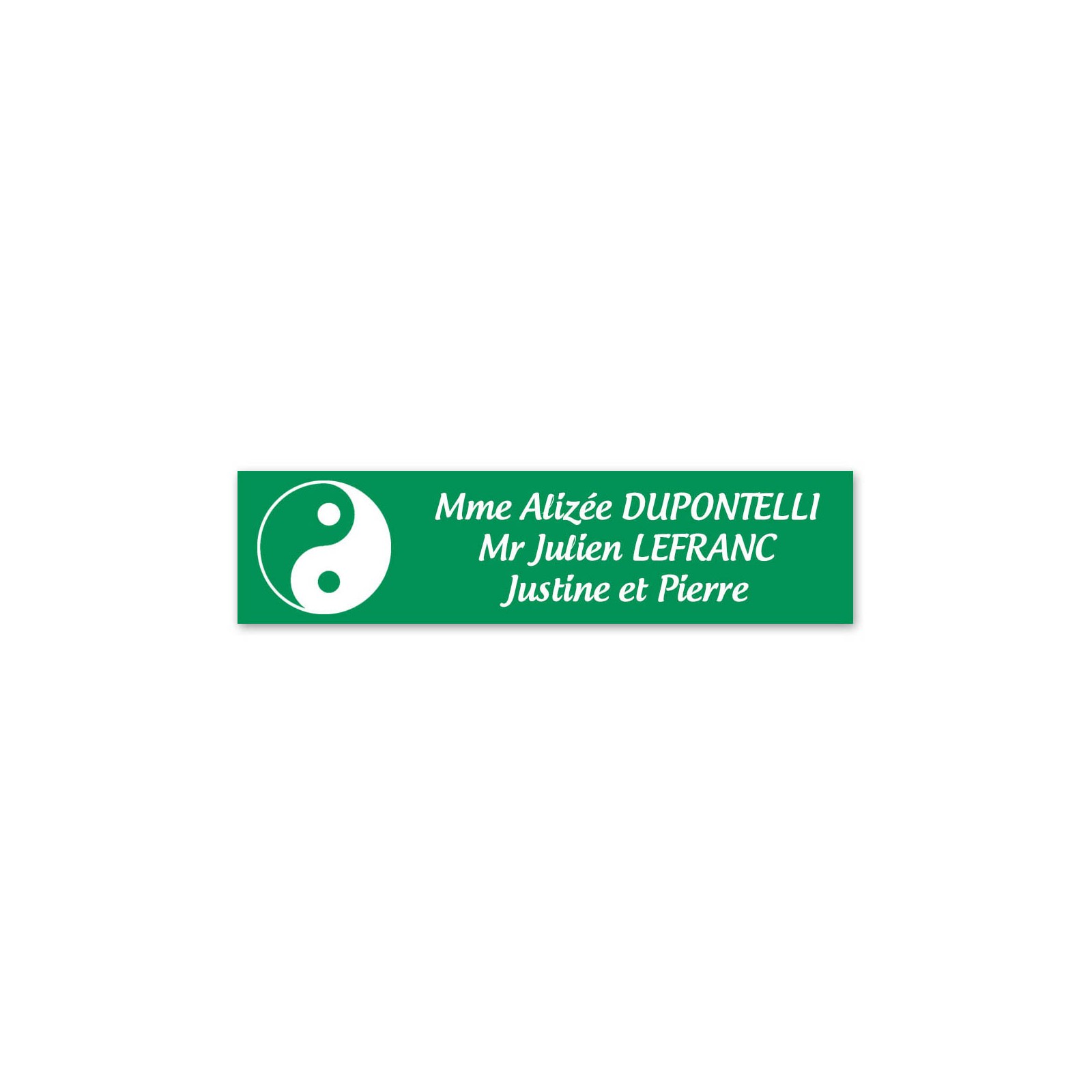 Plaque nom 3 lignes et symbole YIN YANG pour boite aux lettres type Decayeux (100x25mm) couleur vert clair