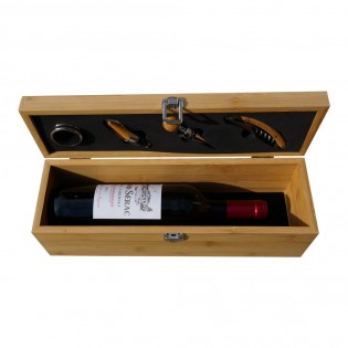 Coffret à vin en bambou personnalisée avec prénom "Château, Millésime" - Caisse vin bambou avec 4 pièces de service