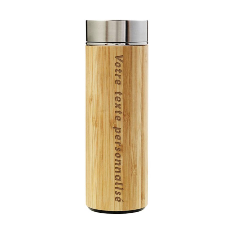 Bouteille isotherme bambou et acier personnalisable par gravure laser 420mL - Thermos boissons chaudes et froides + infuseur