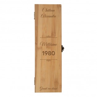 Personalized bamboo wine box with first name "Château, Millésime" - Bamboo wine box with 4 serving pieces