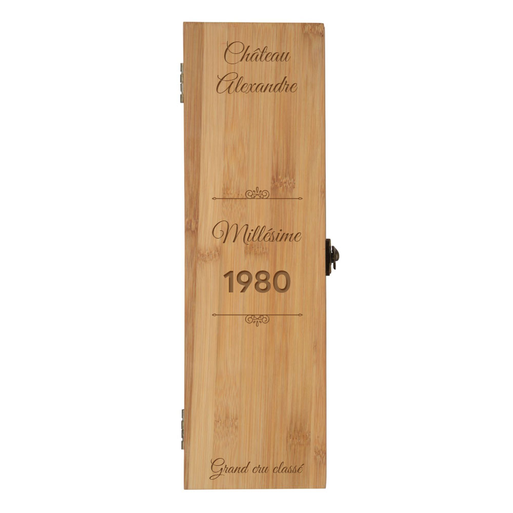 Coffret à vin en bambou personnalisée avec prénom "Château, Millésime" - Caisse vin bambou avec 4 pièces de service