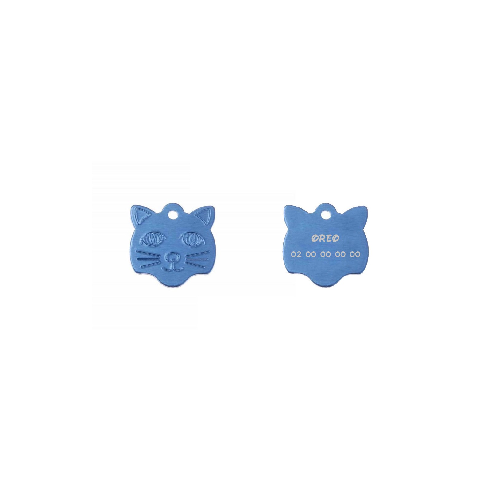 Médaille pendentif en forme de tête de chat couleur bleue personnalisable sur 1 à 2 lignes (22 mm x 23 mm)