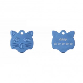 Médaille pendentif en forme de tête de chat couleur bleue personnalisable sur 1 à 2 lignes (22 mm x 23 mm)