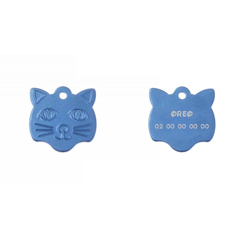 Médaille pendentif en forme de tête de chat couleur bleue personnalisable sur 1 à 2 lignes (22 mm x 23 mm) Médaille pendentif en forme de tête de chat couleur bleue personnalisable sur 1 à 2 lignes (22 mm x 23 mm)