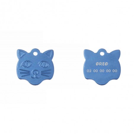 Médaille pendentif en forme de tête de chat couleur bleue personnalisable sur 1 à 2 lignes (22 mm x 23 mm)