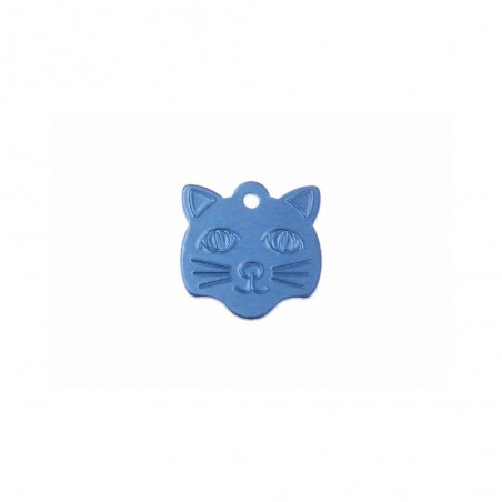 Médaille pendentif en forme de tête de chat couleur bleue personnalisable sur 1 à 2 lignes (22 mm x 23 mm)
