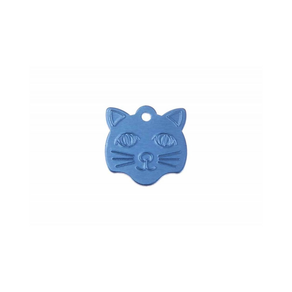 Médaille pendentif en forme de tête de chat couleur bleue personnalisable sur 1 à 2 lignes (22 mm x 23 mm)