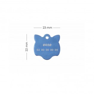 Médaille pendentif en forme de tête de chat couleur bleue personnalisable sur 1 à 2 lignes (22 mm x 23 mm)