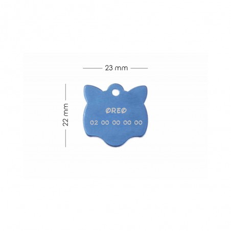 Médaille pendentif en forme de tête de chat couleur bleue personnalisable sur 1 à 2 lignes (22 mm x 23 mm)