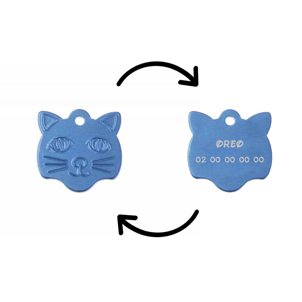 Médaille pendentif en forme de tête de chat couleur bleue personnalisable sur 1 à 2 lignes (22 mm x 23 mm)
