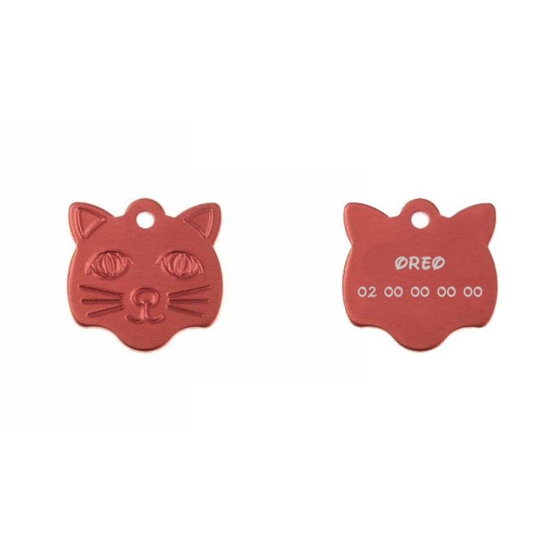 Médaille pendentif en forme de tête de chat couleur rouge personnalisable sur 1 à 2 lignes (22 mm x 23 mm)