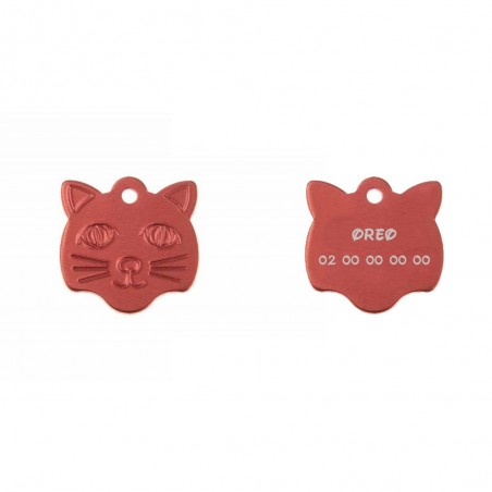 Médaille pendentif en forme de tête de chat couleur rouge personnalisable sur 1 à 2 lignes (22 mm x 23 mm)