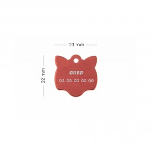 Médaille pendentif en forme de tête de chat couleur rouge personnalisable sur 1 à 2 lignes (22 mm x 23 mm)