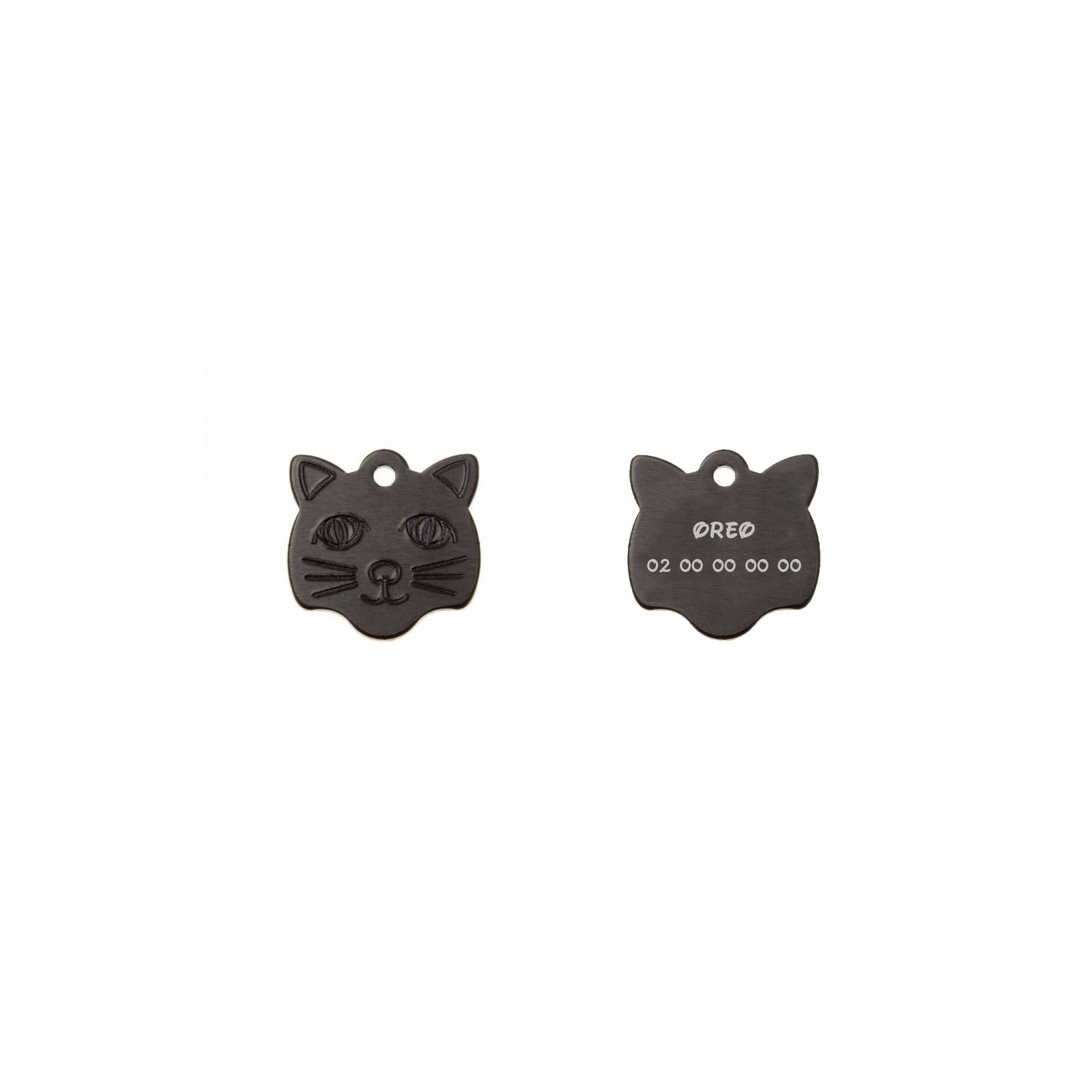 Médaille pendentif en forme de tête de chat couleur noir personnalisable sur 1 à 2 lignes (22 mm x 23 mm)