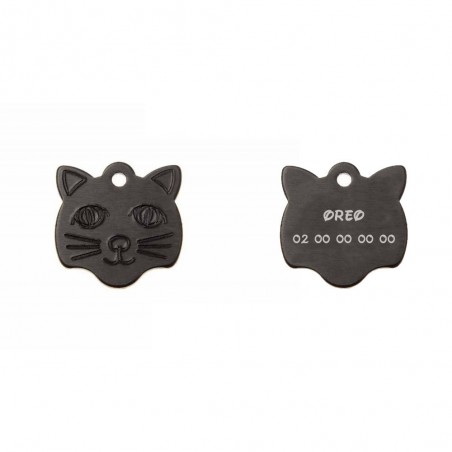 Médaille pendentif en forme de tête de chat couleur noir personnalisable sur 1 à 2 lignes (22 mm x 23 mm)