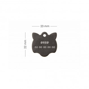 Médaille pendentif en forme de tête de chat couleur noir personnalisable sur 1 à 2 lignes (22 mm x 23 mm)