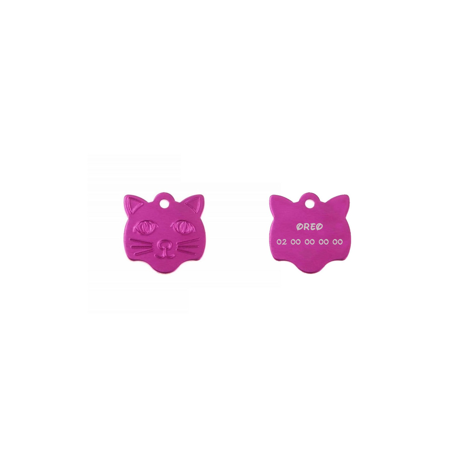 Médaille pendentif en forme de tête de chat couleur rose personnalisable sur 1 à 2 lignes (22 mm x 23 mm)