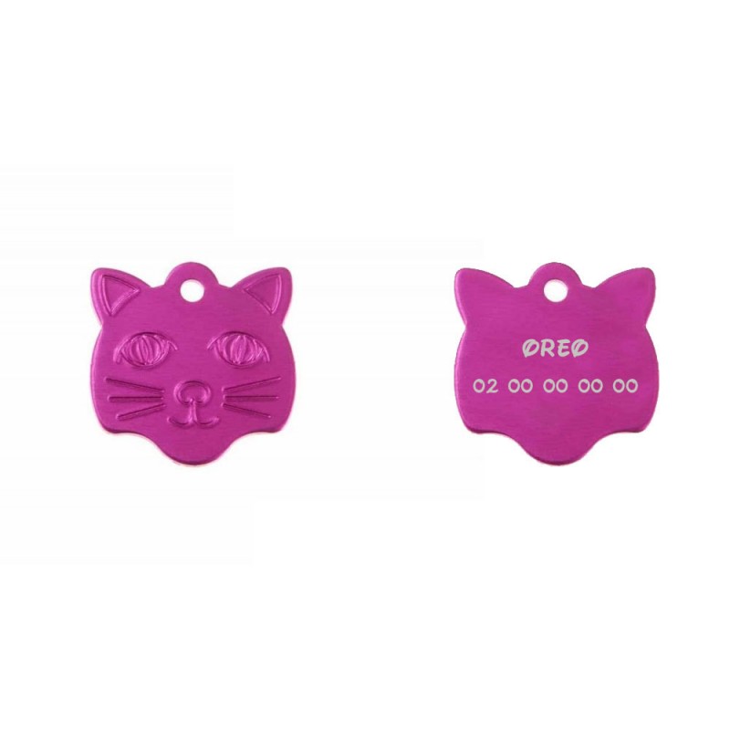 Pendant medal in the shape of a pink cat head, customizable on 1 to 2 lines (22 mm x 23 mm) Pendant medal in the shape of a pink cat head, customizable on 1 to 2 lines (22 mm x 23 mm)