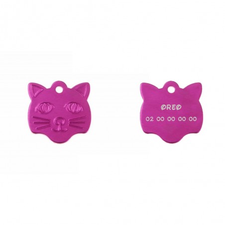 Médaille pendentif en forme de tête de chat couleur rose personnalisable sur 1 à 2 lignes (22 mm x 23 mm)