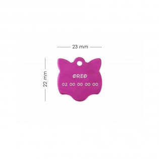 Médaille pendentif en forme de tête de chat couleur rose personnalisable sur 1 à 2 lignes (22 mm x 23 mm)