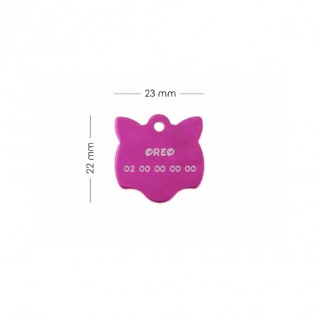 Médaille pendentif en forme de tête de chat couleur rose personnalisable sur 1 à 2 lignes (22 mm x 23 mm)