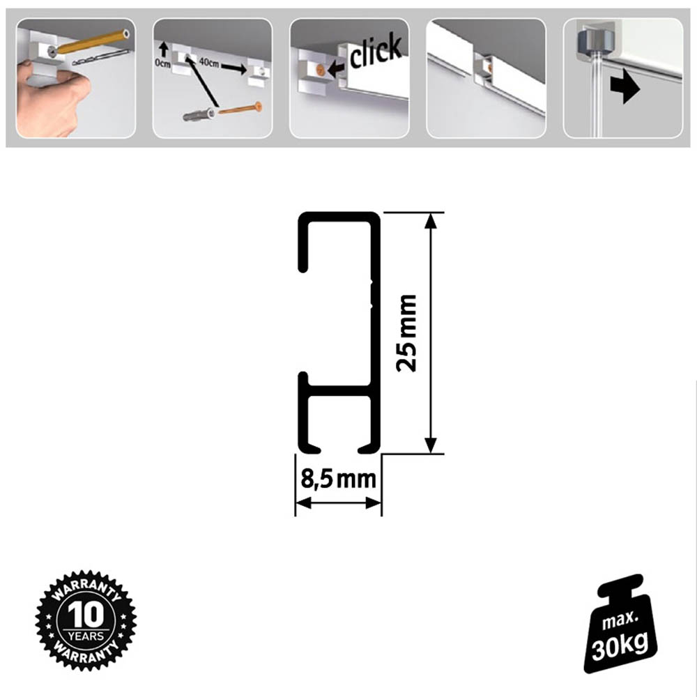 Pack Eco 1 metre Click Rail rail in white lacquered colour - Frame and picture hanging solution