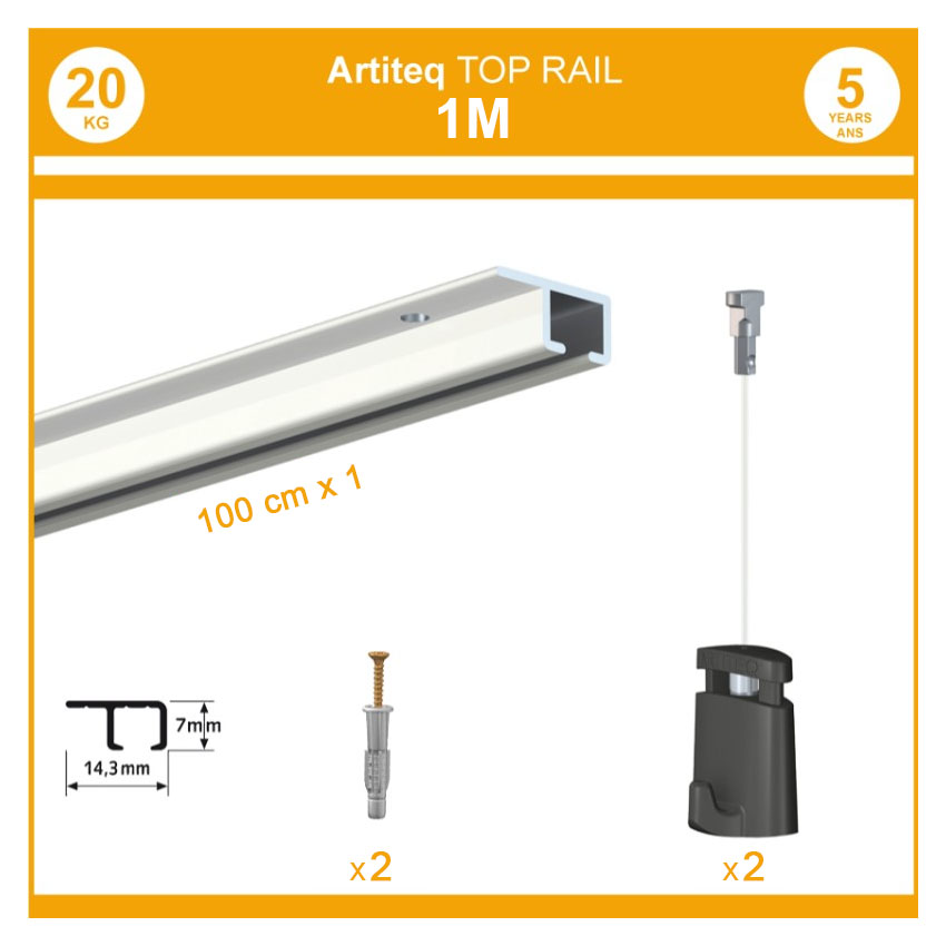 Pack 1 mètre cimaise Top Rail couleur Blanc - Cimaise rail plafond pour suspension cadres et tableaux
