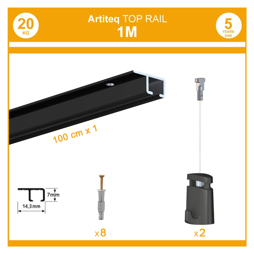 Pack 1 mètre cimaise Top Rail couleur Noir - Cimaise rail plafond pour suspension cadres et tableaux