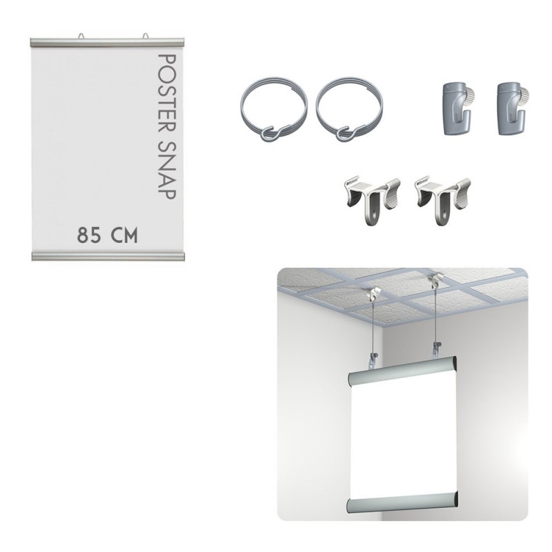 Kit Poster Snap 85 cm + Ceiling clamper - Système de suspension d'affiche pour faux plafond Kit Poster Snap 85 cm + Ceiling clamper - Système de suspension d'affiche pour faux plafond
