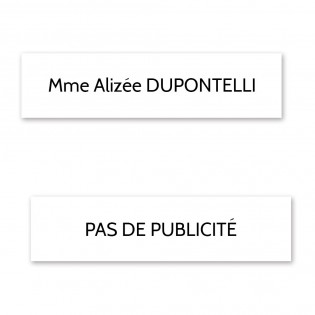 Plaque nom + Plaque Stop Pub pour boite aux lettres format Edelen (99x24mm) blanche lettres noires - 1 ligne