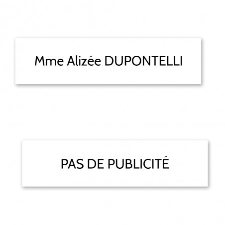 Plaque nom + Plaque Stop Pub pour boite aux lettres format Edelen (99x24mm) blanche lettres noires - 1 ligne