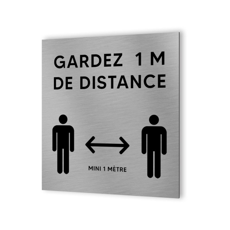 Pictogramme panneau signalétique format 20 cm x 20 cm en Dibond Aluminium brossé - Modèle Distanciation sociale 1 mètre