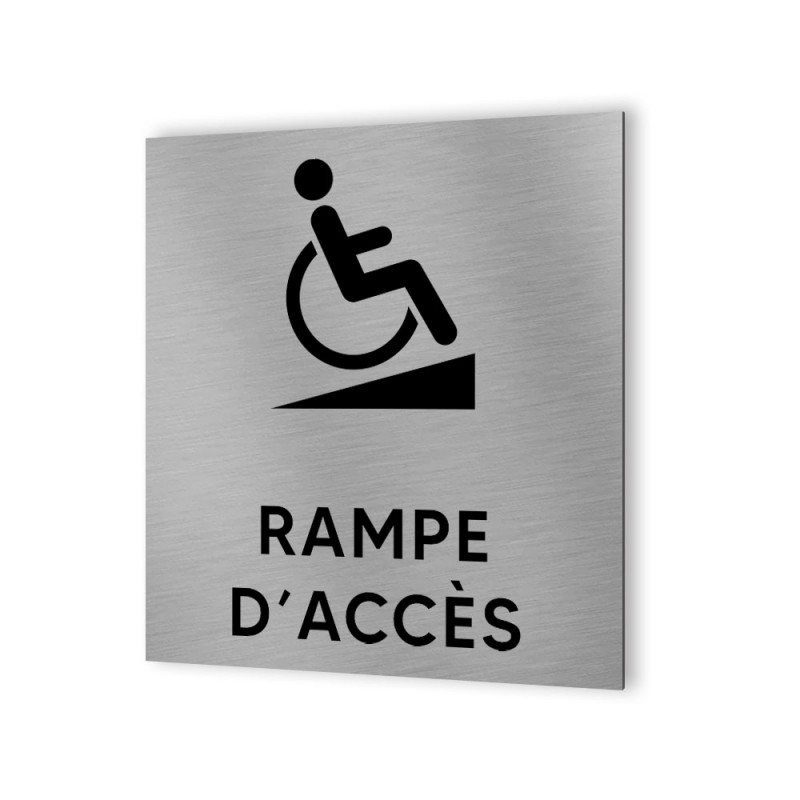 Pictogramme panneau signalétique format 20 cm x 20 cm en Dibond Aluminium brossé - Modèle Rampe PMR Handicap