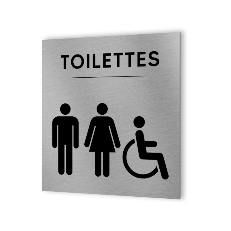 Pictogramme panneau signalétique format 20 cm x 20 cm en Dibond Aluminium brossé - Modèle Toilettes icones trio