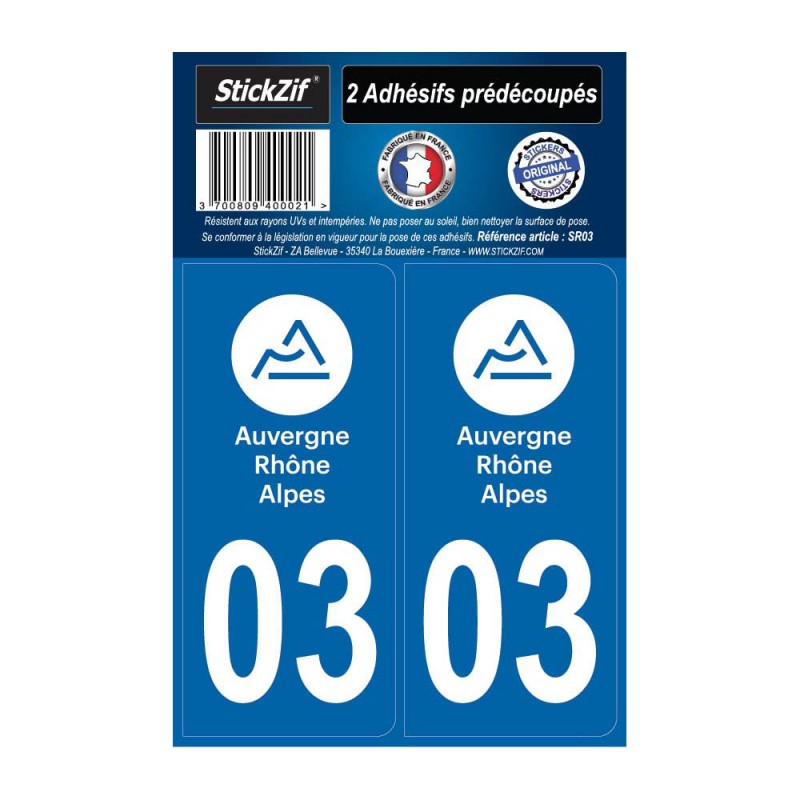 2 autocollants stickers plaque immatriculation Région Auvergne Rhône Alpes - Département 03 Allier Officiel