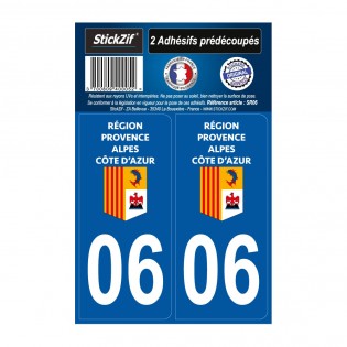 2 autocollants stickers plaque immatriculation Région Provence Alpes Côte d'Azur - Département 06 Alpes Maritimes Officiel