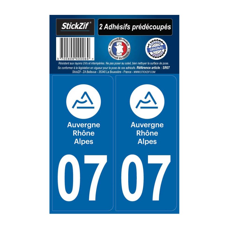 2 autocollants stickers plaque immatriculation Région Auvergne Rhône Alpes - Département 07 Ardèche Officiel