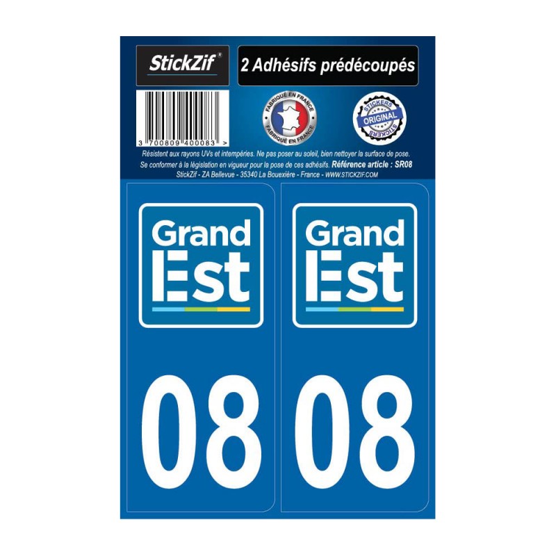 2 autocollants stickers plaque immatriculation Région Grand Est - Département 08 Ardennes Officiel