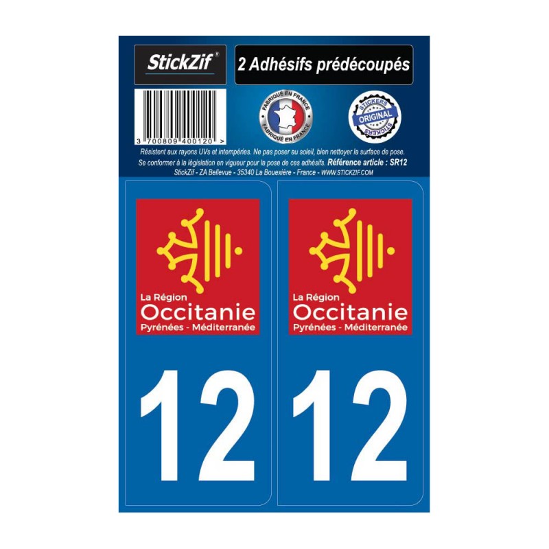 2 autocollants stickers plaque immatriculation Région Occitanie - Département 12 Aveyron Officiel