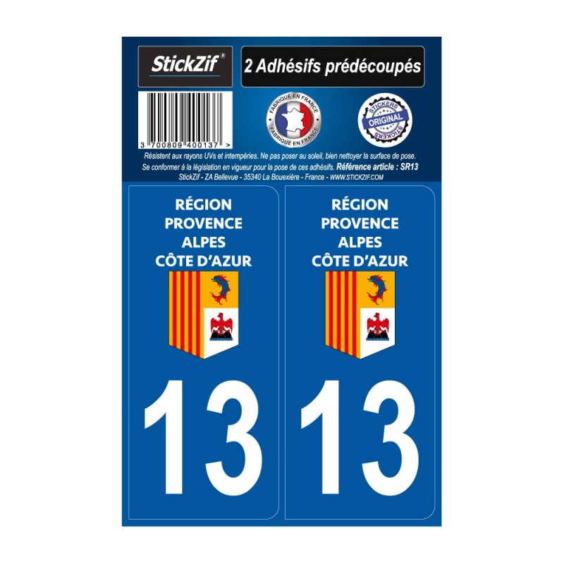 2 autocollants stickers plaque immatriculation Région Provence Alpes Côte d'Azur - Département 13 Bouches du Rhône Officiel