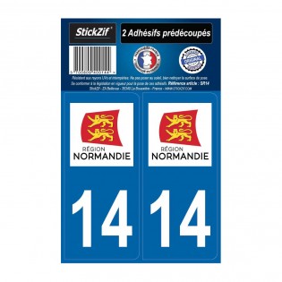 2 autocollants stickers plaque immatriculation Région Normandie - Département 14 Calvados Officiel