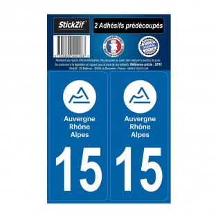 2 autocollants stickers plaque immatriculation Région Auvergne Rhône Alpes - Département 15 Cantal Officiel
