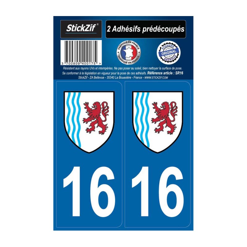 2 autocollants stickers plaque immatriculation Région Nouvelle Aquitaine - Département 16 Charente Officiel