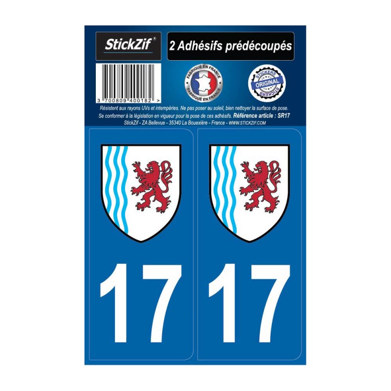 2 autocollants stickers plaque immatriculation Région Nouvelle Aquitaine - Département 17 Charente Maritime Officiel