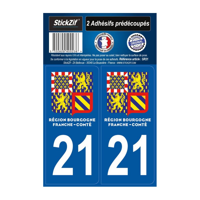 2 autocollants stickers plaque immatriculation Région Bougogne Franche Comté - Département 21 Côte d'Or Officiel